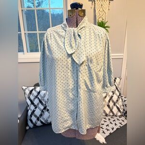 Rodier VTG Mint Green Black Polka Dot Tie-Neck Blouse Size 40 Retro Rockabilly